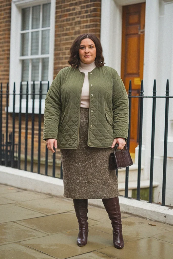 Plus Size Quilted Jacket And Straight Skirt Fall Outfit