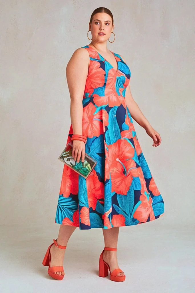 Tropical Hibiscus Trumpet Silhouette Plus Size Floral Wedding Guest Dress