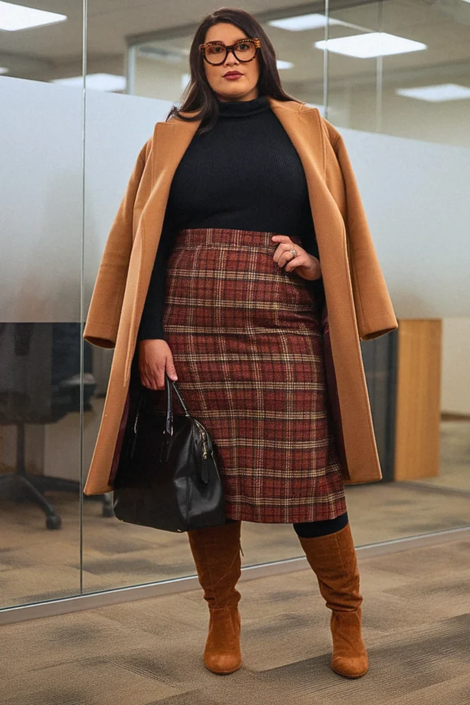 Plus Size Fall Plaid Midi Skirt Corporate Fashion Outfit