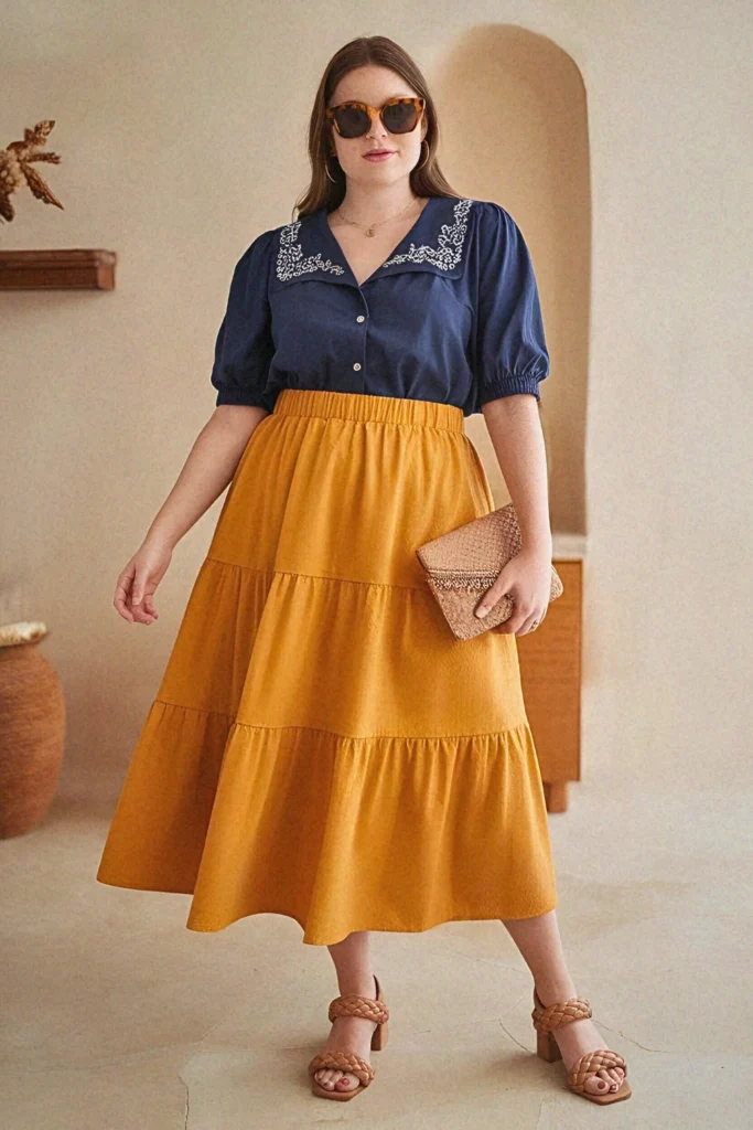 Plus Size Modest Tiered Midi Skirt and Statement Blouse Summer Outfit