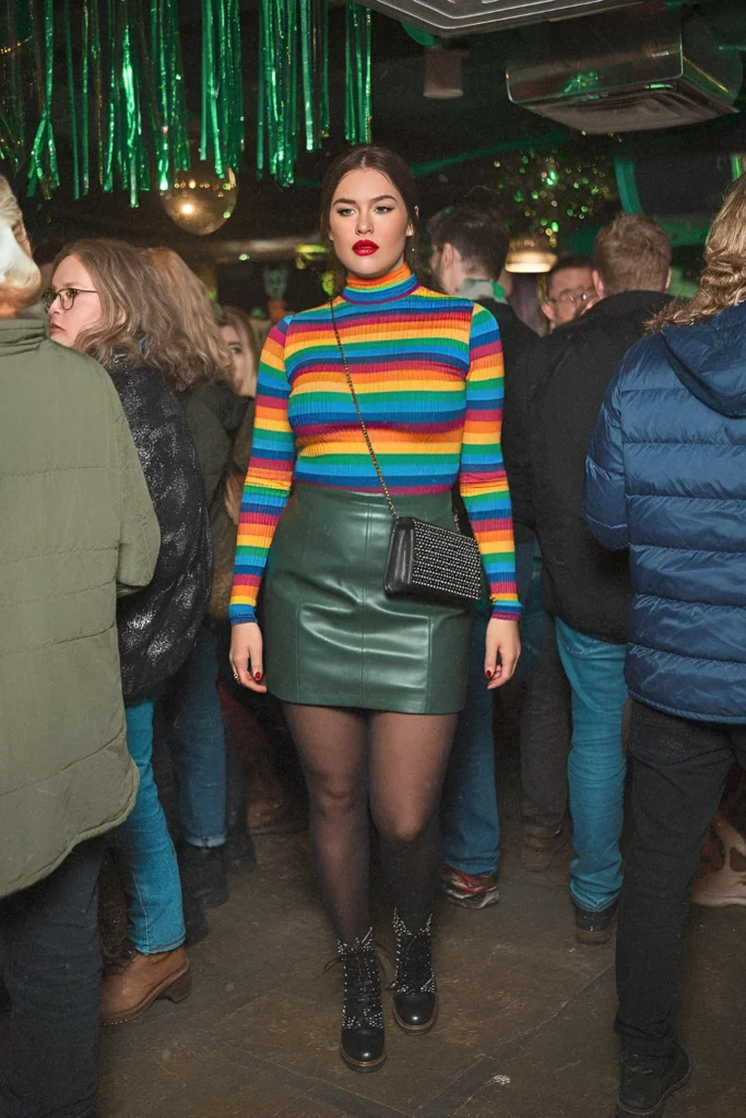 St. Patrick's Day Rainbow Striped Turtleneck and Green Leather Skirt Outfit
