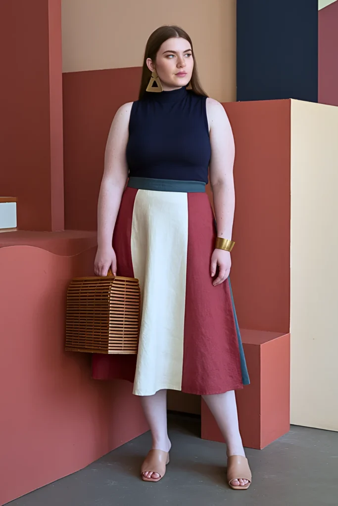 Plus Size Color-Block Linen Summer Skirt Outfit