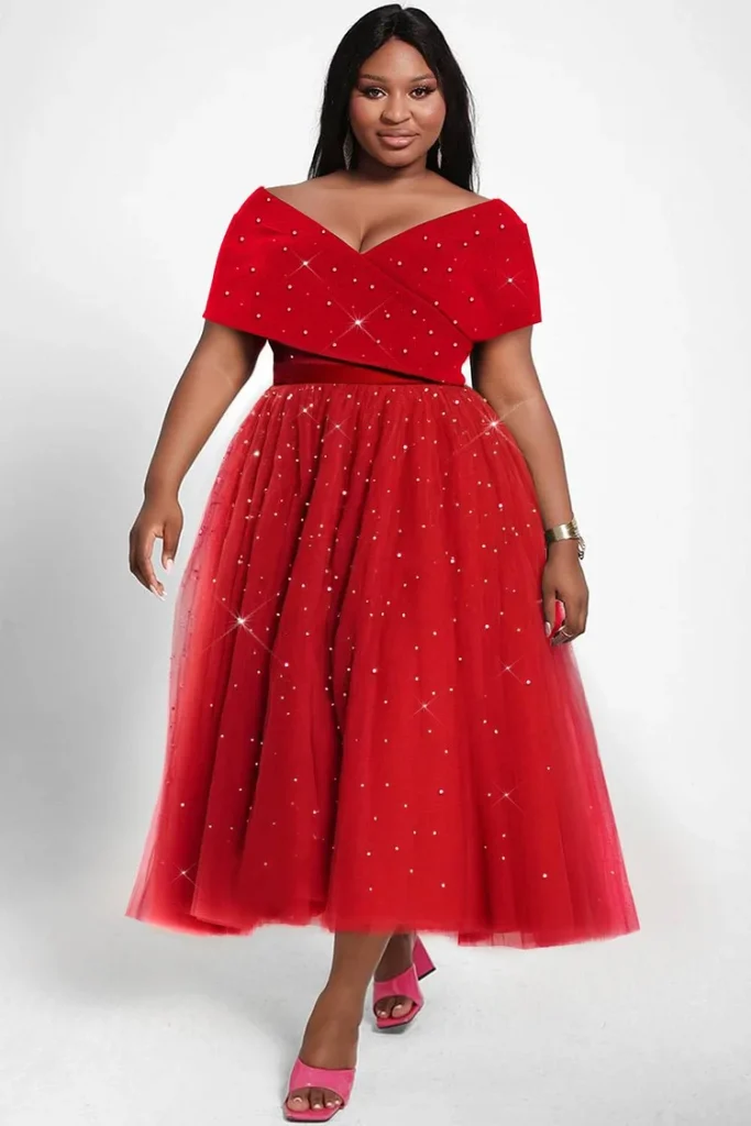 Plus Size Valentines Red Wrap Neck Tulle Maxi Dress