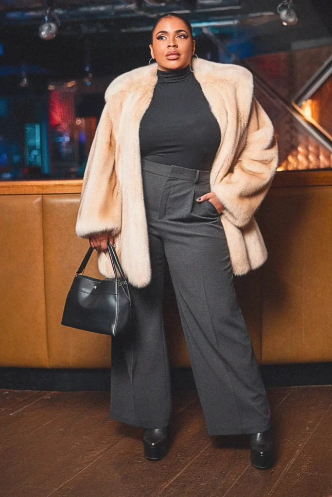 Plus Size Fall Turtleneck and Faux Fur Coat Going Out Outfit
