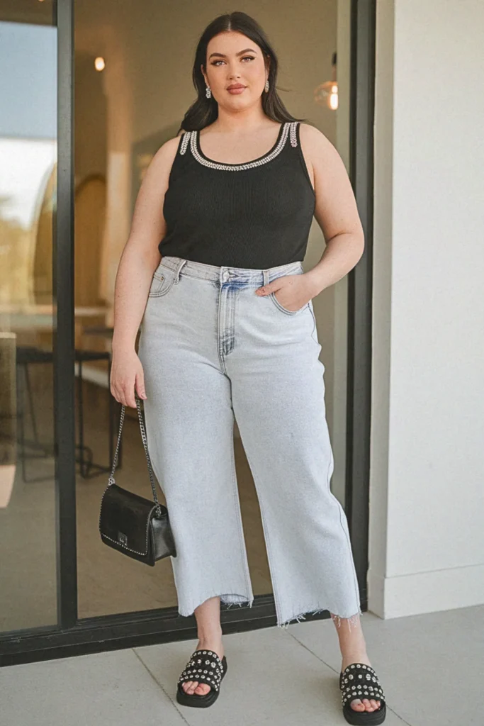 Plus Size Summer Embellished Tank with Casual Jeans Outfit