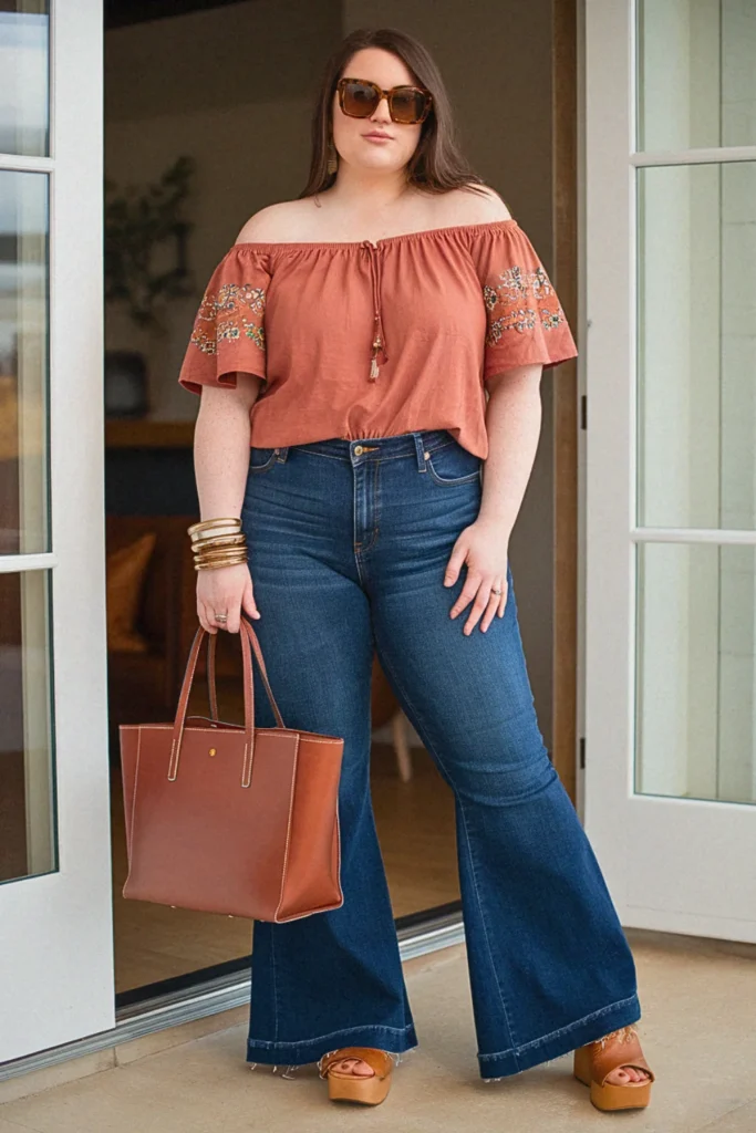 Plus Size Summer Embroidered Peasant Top with Flare Jeans Outfit
