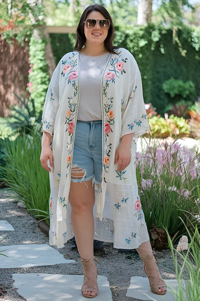 Plus Size Floral Embroidered Kimono and Denim Shorts Hippie Spring Outfit