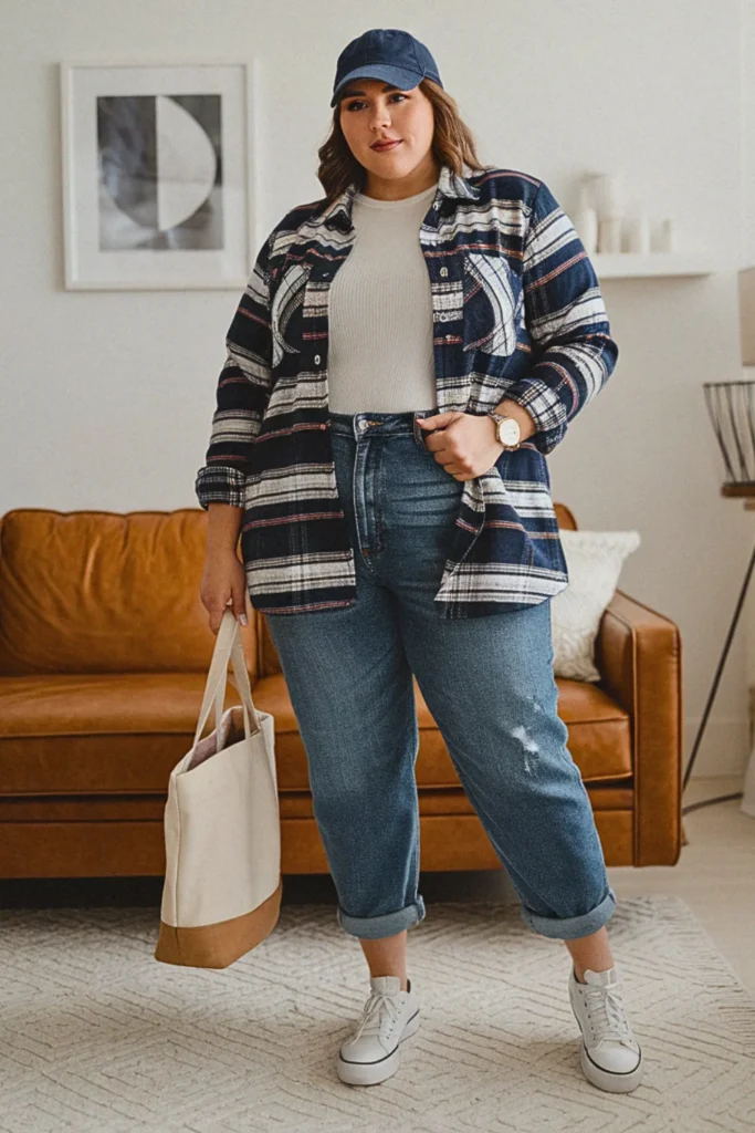 Plus Size Flannel Shirt with Cuffed Jeans Fall Outfit