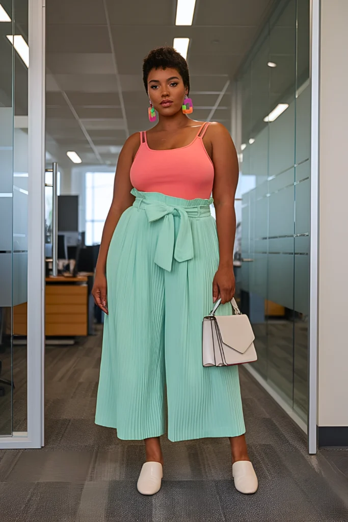 Plus Size Pleated Paperbag Culottes Summer Outfit