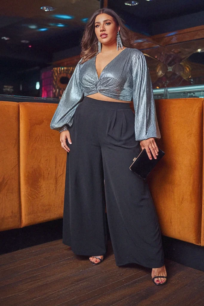 Plus Size Fall Metallic Top and Wide-Leg Pants Going Out Outfit