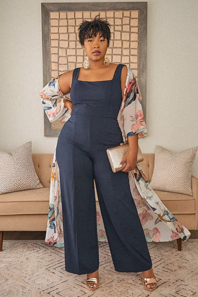 Plus Size Modest Structured Jumpsuit and Kimono Summer Outfit