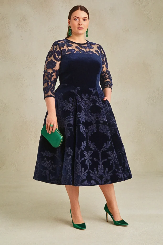 Plus Size Navy Blue Burnout Velvet Tea Length Wedding Guest Dress