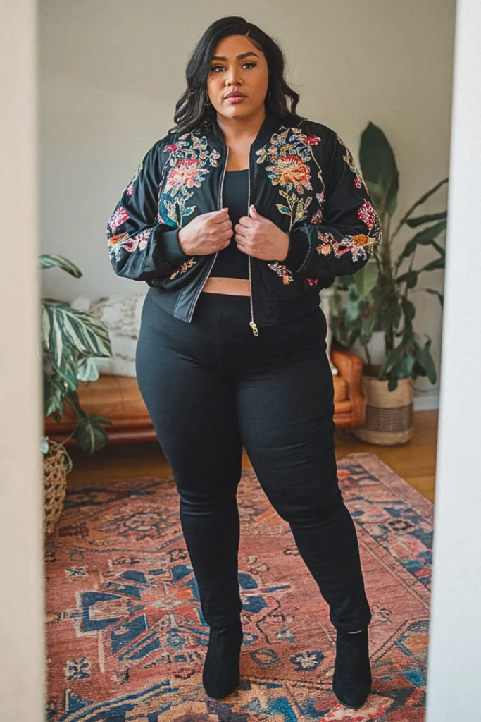 Plus Size Embroidered Jacket and Black Pants Fall Outfit