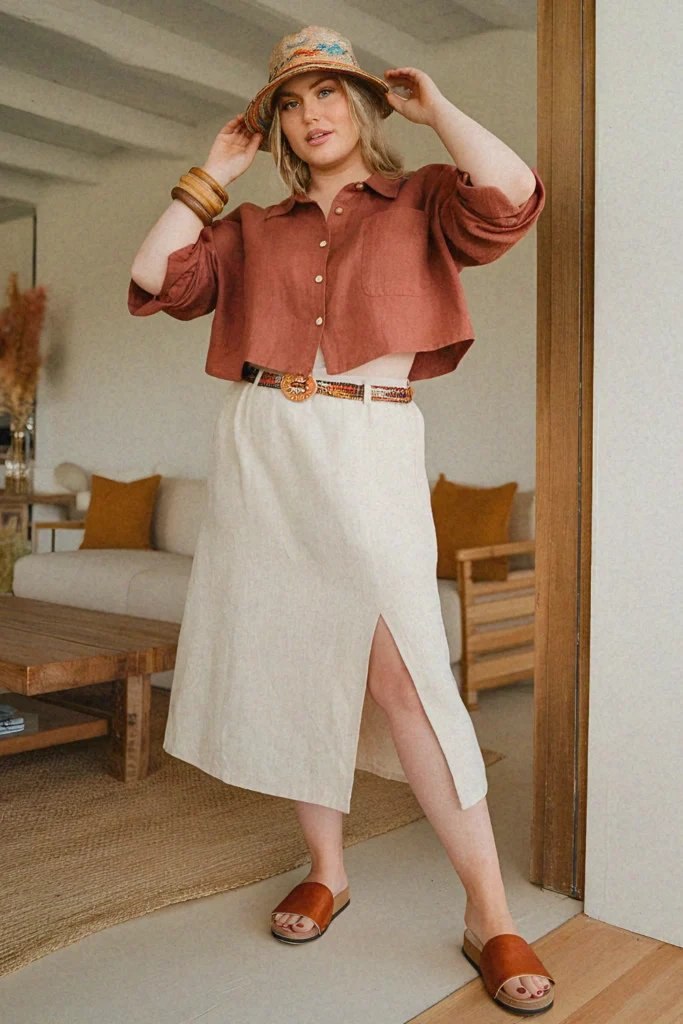 Plus Size Summer Split-Front Linen Long Skirt Outfit