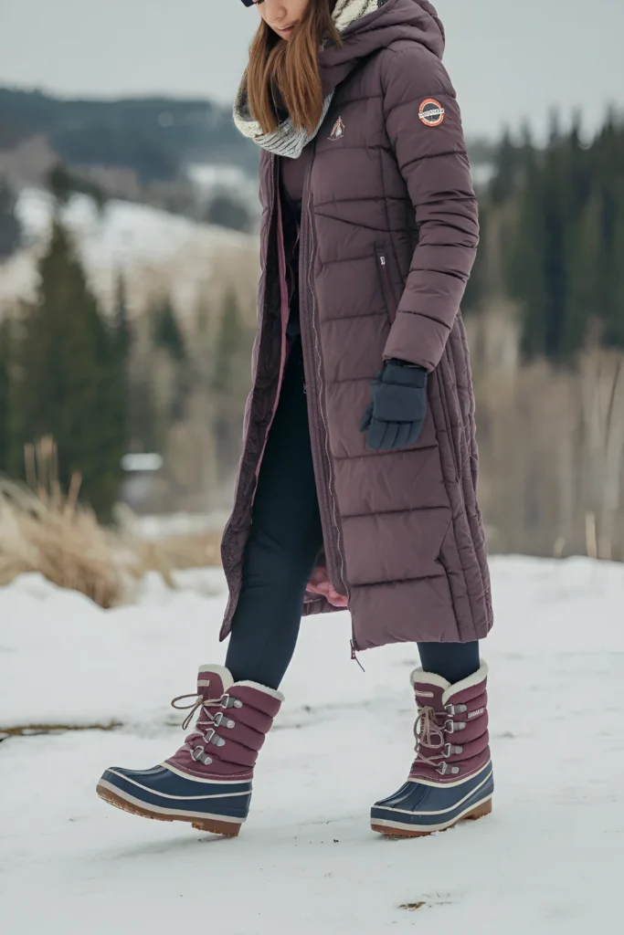 Winter puffer jacket, leggings and snow Boots Outfit