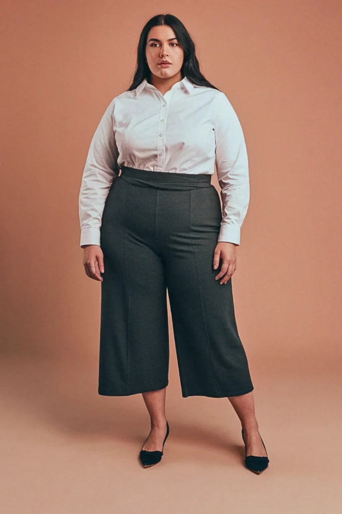 Plus Size Button-Down Shirt and Culottes Fall Outfit