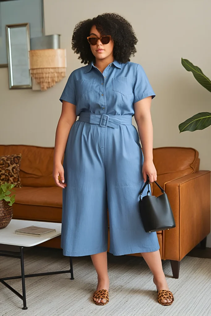 Plus Size Belted Shirt-Romper Summer Outfit