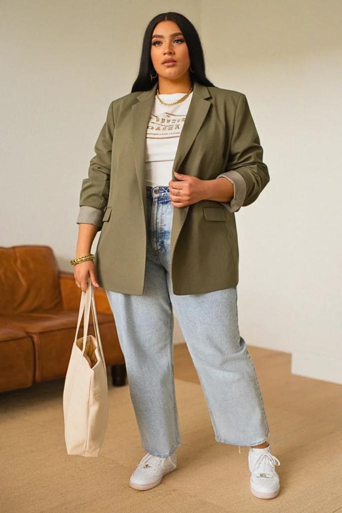 Plus Size Fall Blazer Jeans Sneakers Aesthetic Outfit