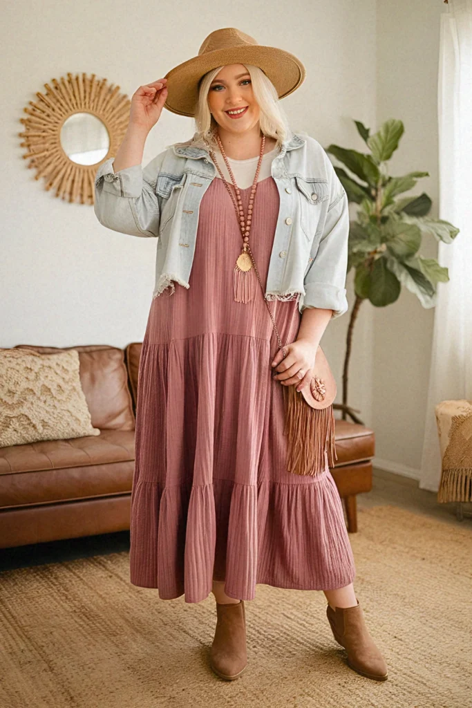 Plus Size Layered Slip Dress with Cropped Denim Jacket Boho Outfit