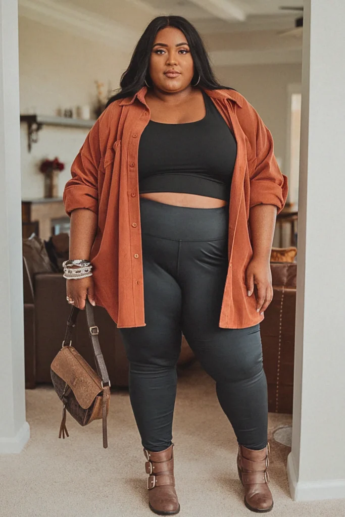 Plus Size Fall Shacket Leggings Boots Aesthetic Outfit