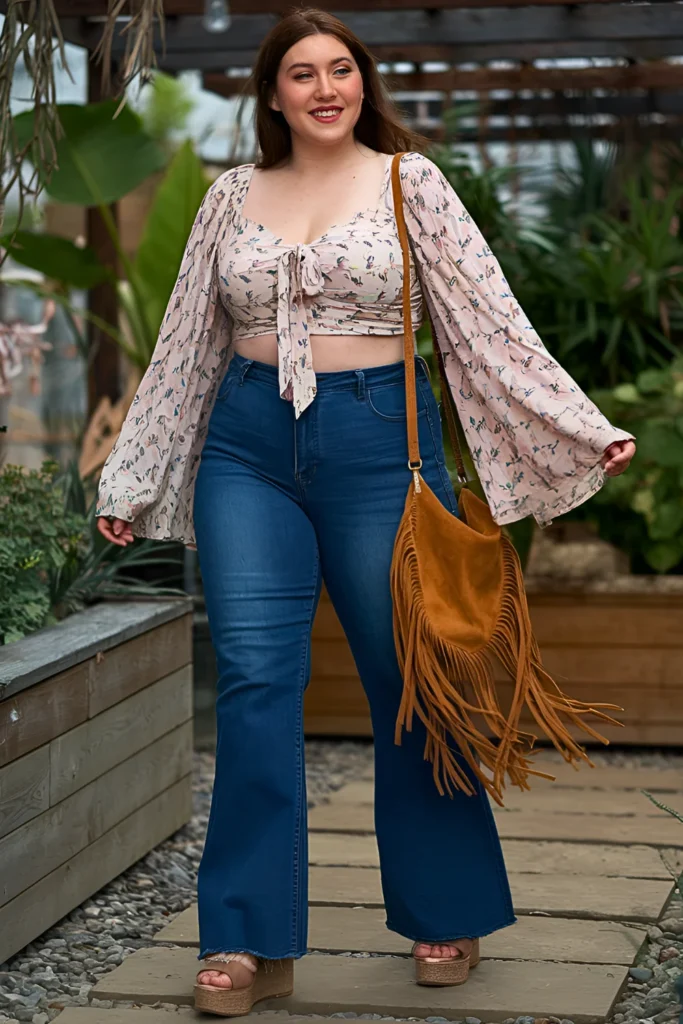 Plus Size Tie-Front Crop Top and High-Waisted Flare Jeans Hippie Spring Outfit