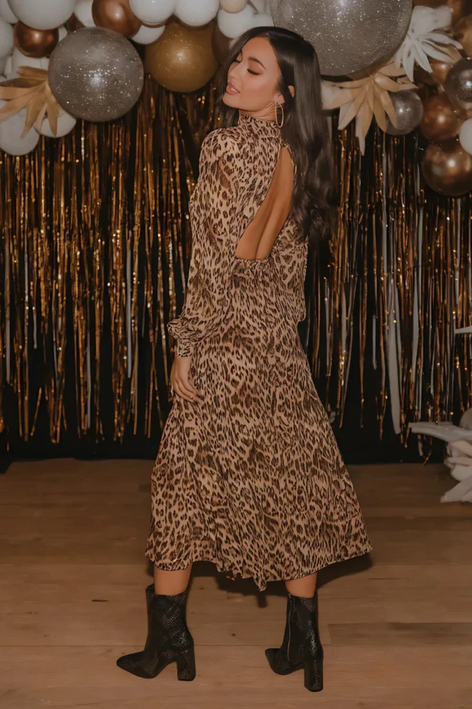 New Years Party Leopard Print Midi Dress Outfit
