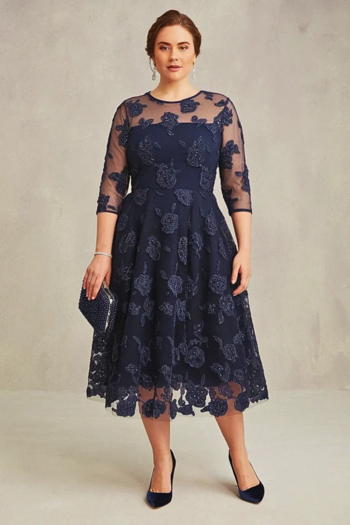 Embroidered Floral Overlay Plus Size Wedding Guest Dress