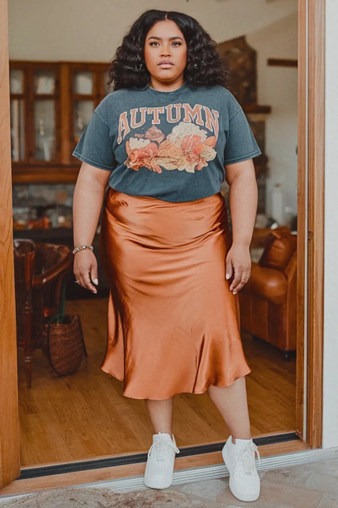 Plus Size Graphic Tee and Slip Skirt Fall Outfit