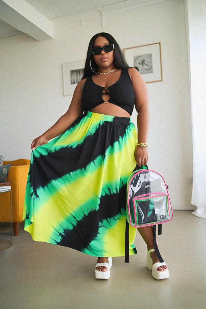 Plus Size Summer Neon Tie-Dye Long Skirt Outfit