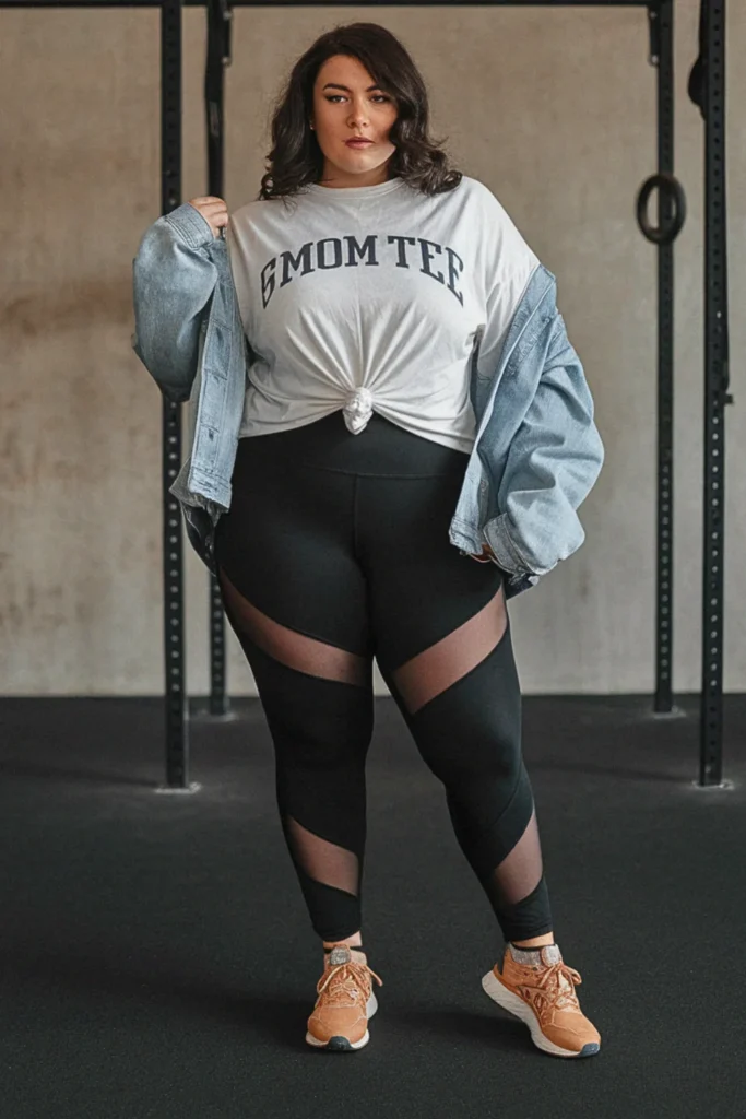 Plus Size Fall Mesh Panel Leggings and Oversized Tee Athleisure Outfit