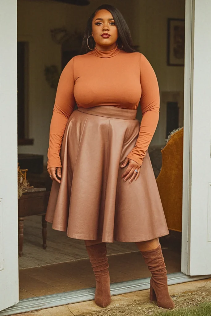 Plus Size Mock Neck Top and Midi Skirt Fall Outfit