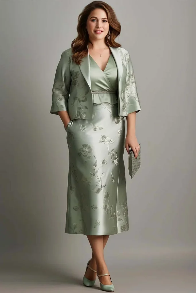 Plus Size Mother Of The Bride Sage Green Satin Floral Print Two Pieces Midi Dress With Jacket