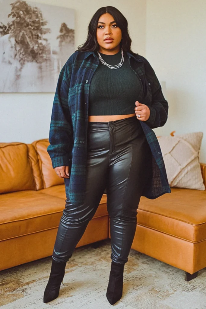 Plus Size Plaid Shirt and Faux Leather Pant Fall Outfit