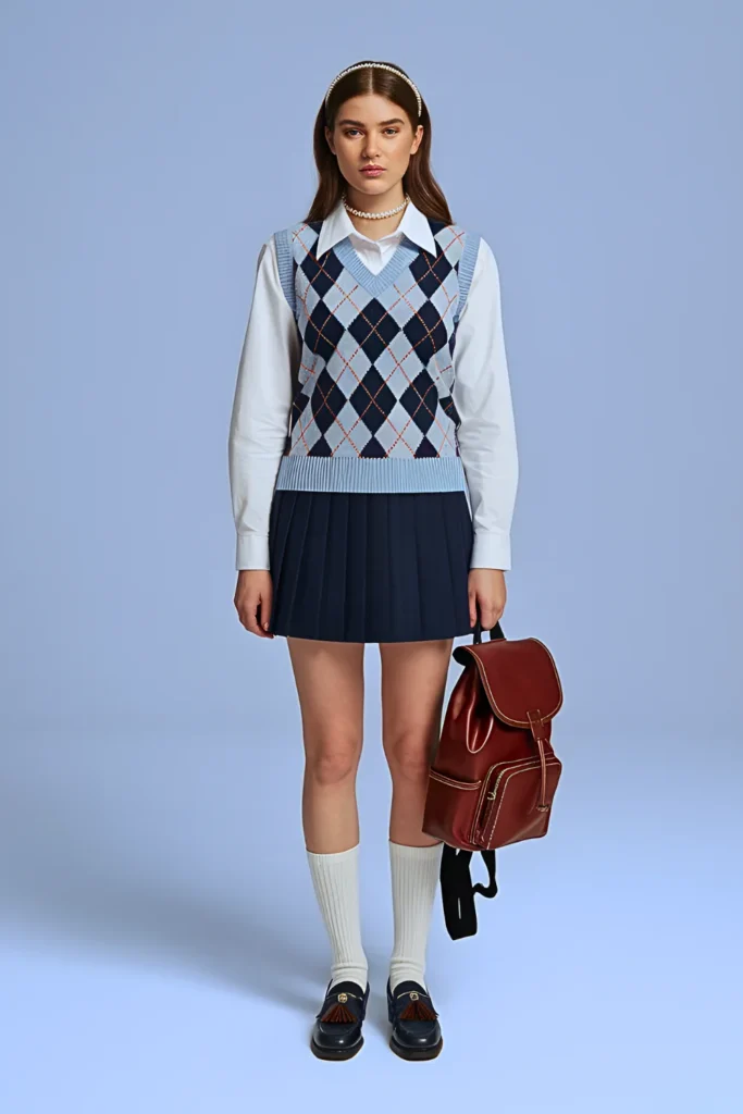 Spring Preppy Argyle & Pleated Skirt Highschool Outfit
