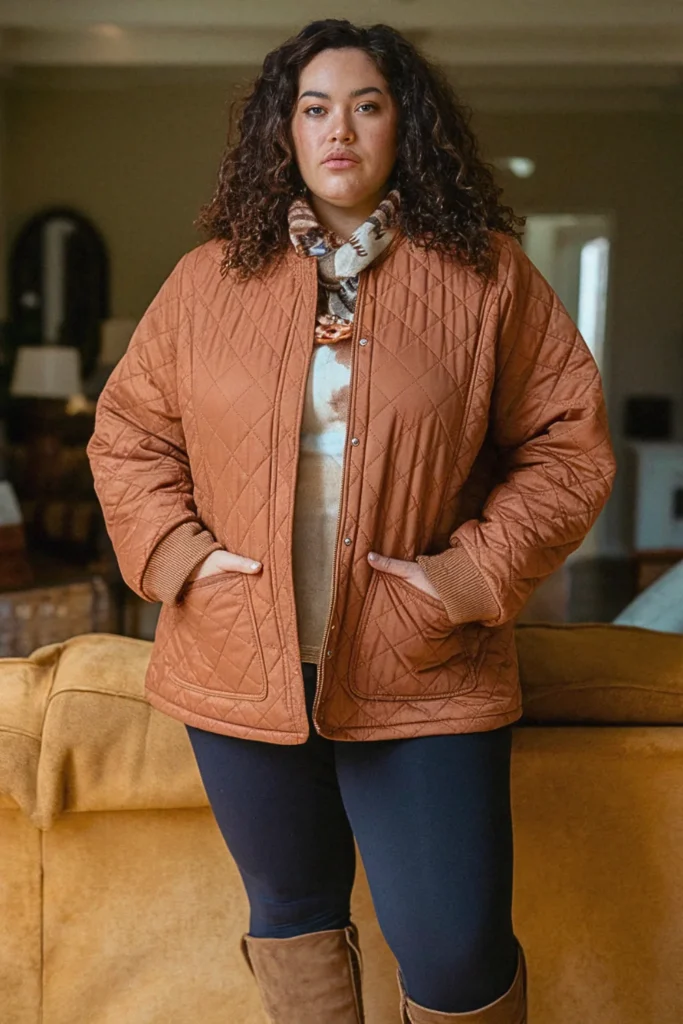 Plus Size Fall Quilted Jacket With Leggings And Tall Boots Comfy Outfit