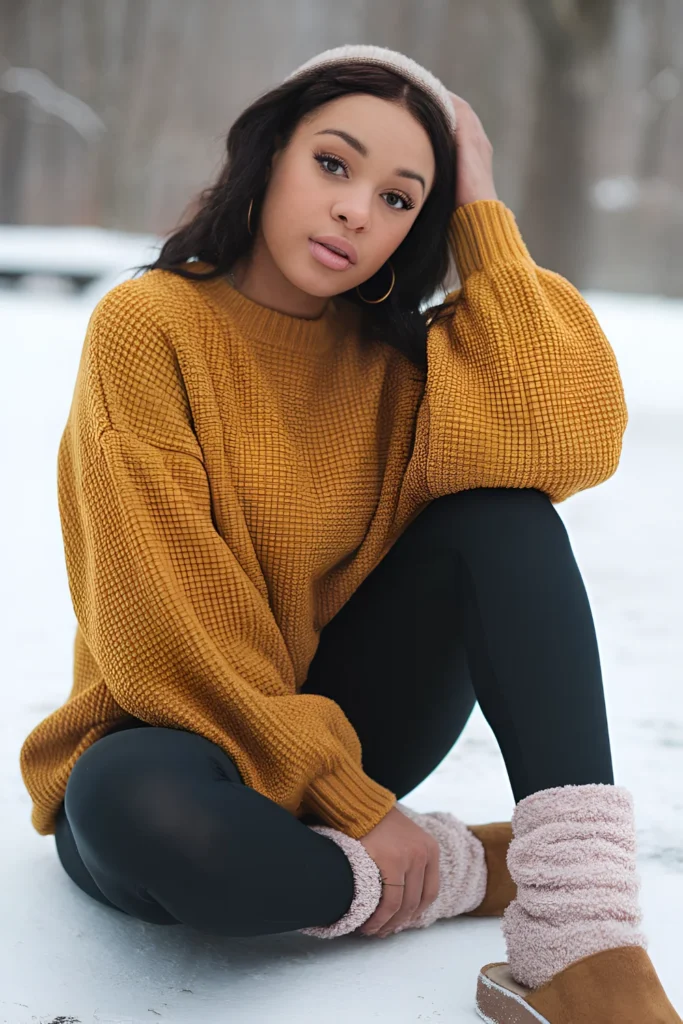 Black Girl Oversized Sweater and Leggings Winter Outfit