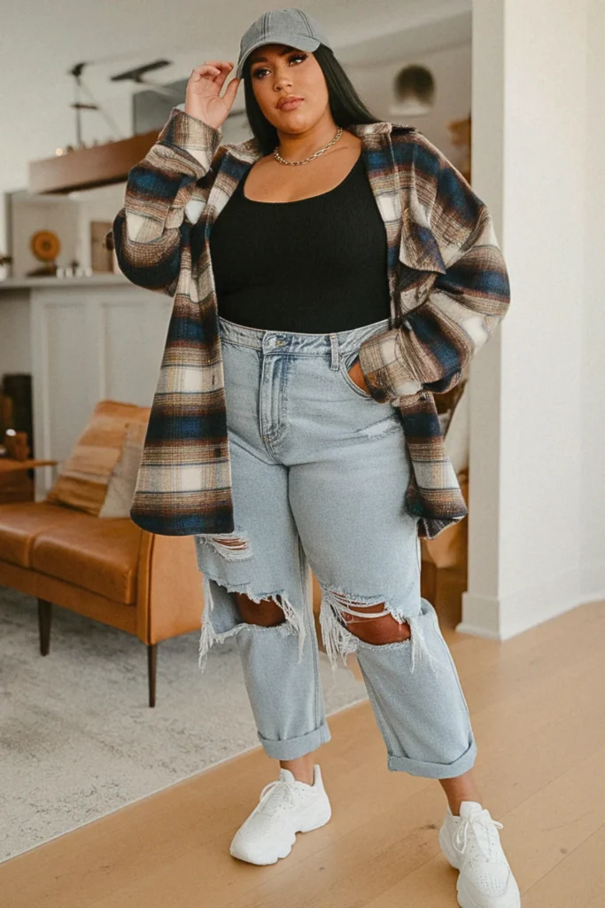 Plus Size Fall Plaid Shacket Casual Autumn Outfit
