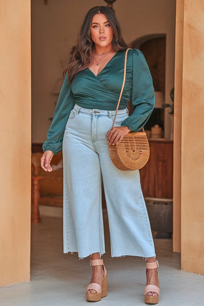 Plus Size Wrap Top and Wide-Leg Jeans Fall Outfit