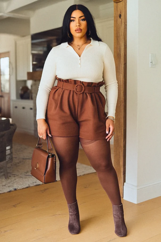 Plus Size Fall Knit Polo With Paperbag Shorts And Tights Comfy Outfit