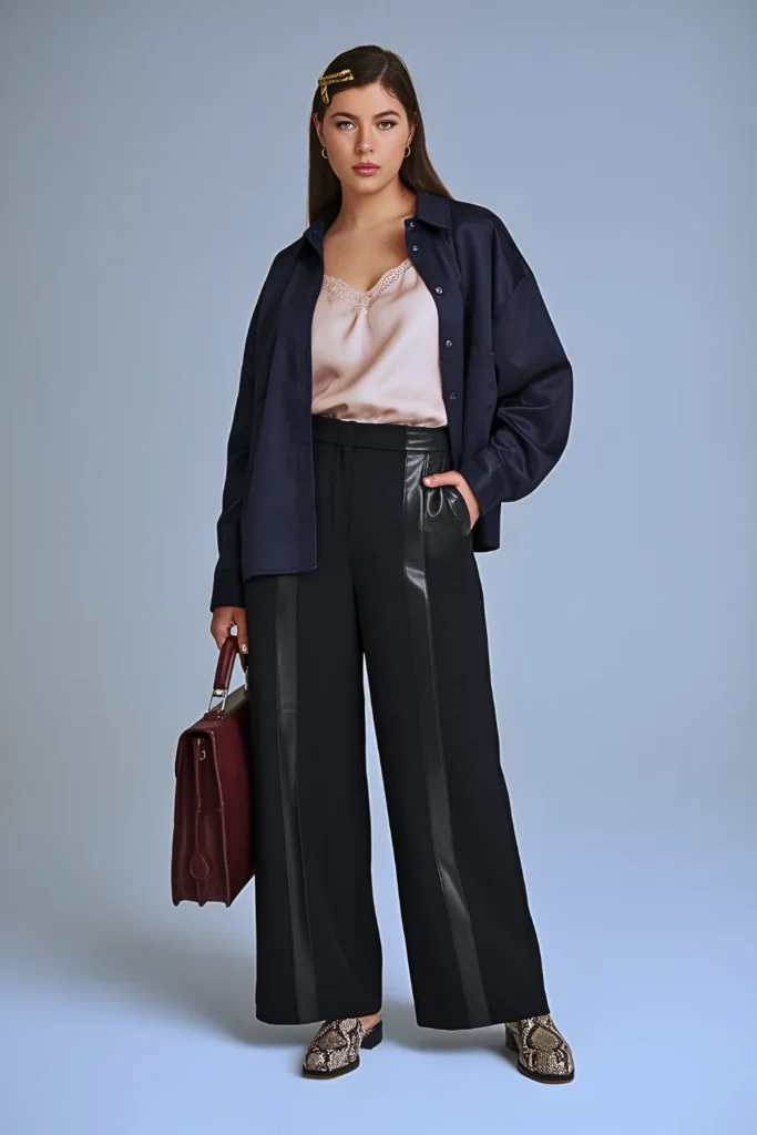 Spring Leather-Panel Trousers Work Outfit