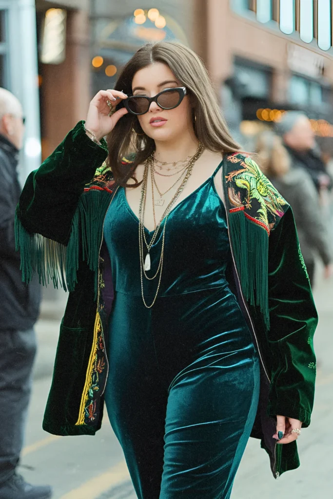 Velvet Green Jumpsuit and Statement Jacket St. Patrick's Day Outfit