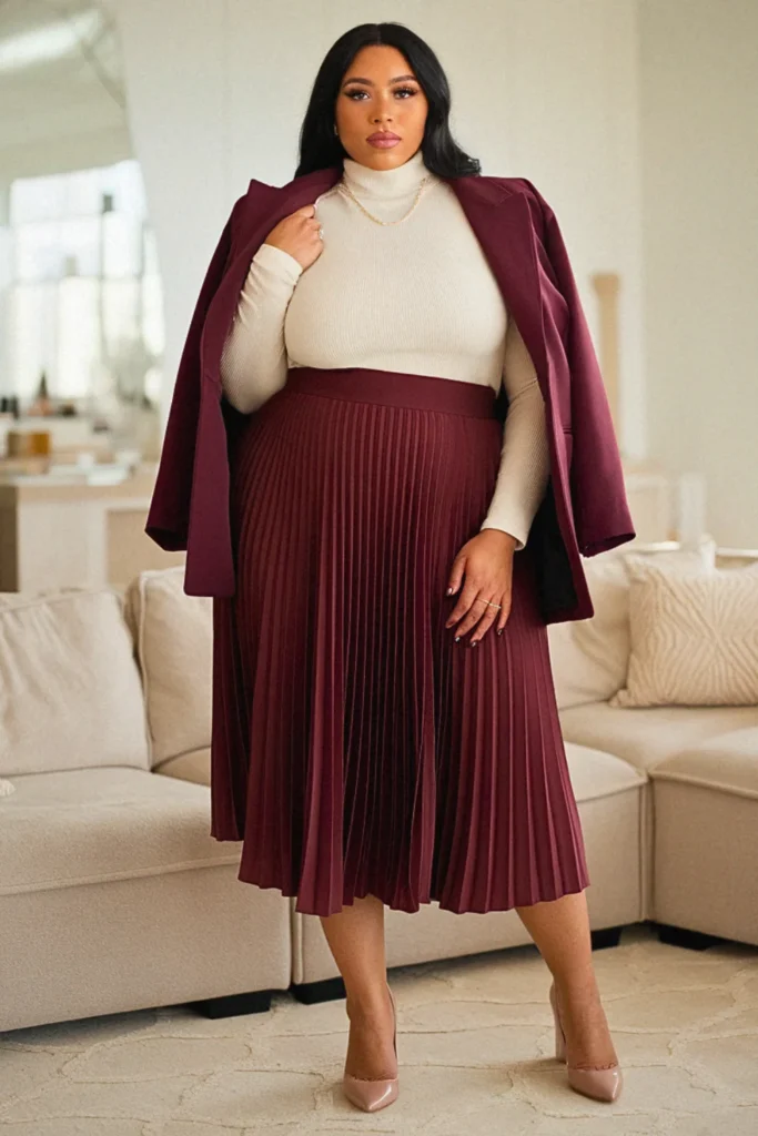 Plus Size Turtleneck and Pleated Skirt Fall Outfit