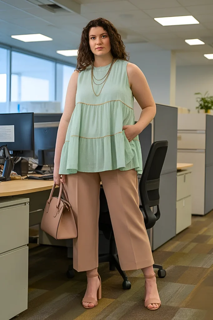 Plus Size Summer Tiered Sleeveless Blouse and Cropped Straight-Leg Trousers Business Casual Outfit