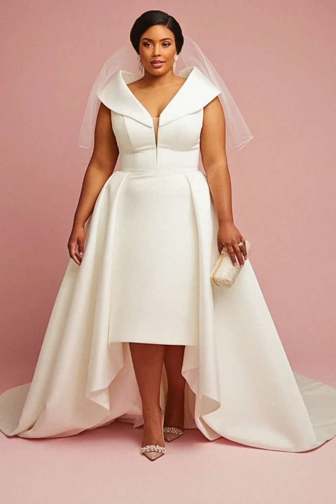 High-Low Hem Mikado with Portrait Collar Wedding Dress