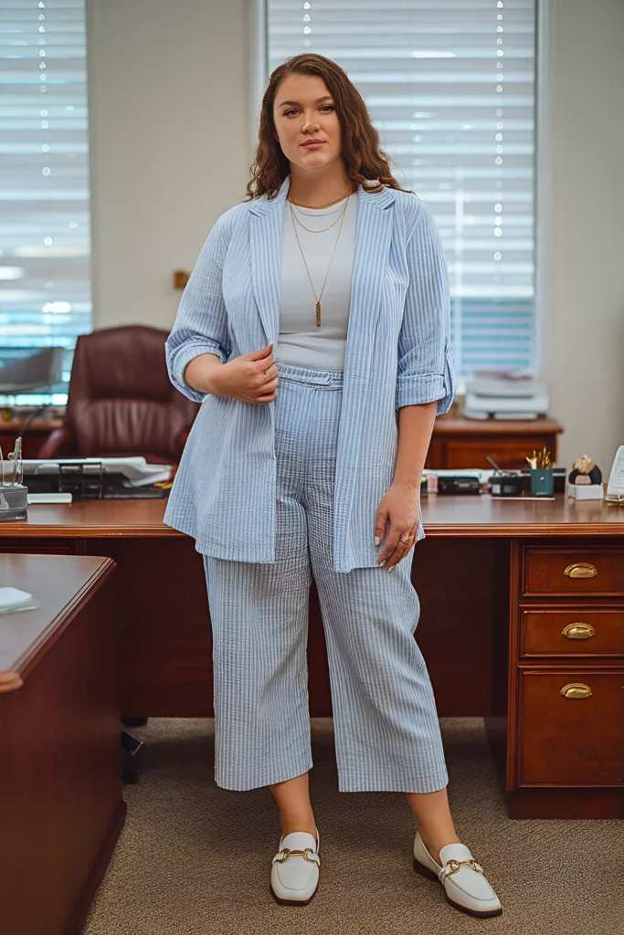 Plus Size Summer Lightweight Seersucker Blazer and Cropped Pants Business Casual Outfit