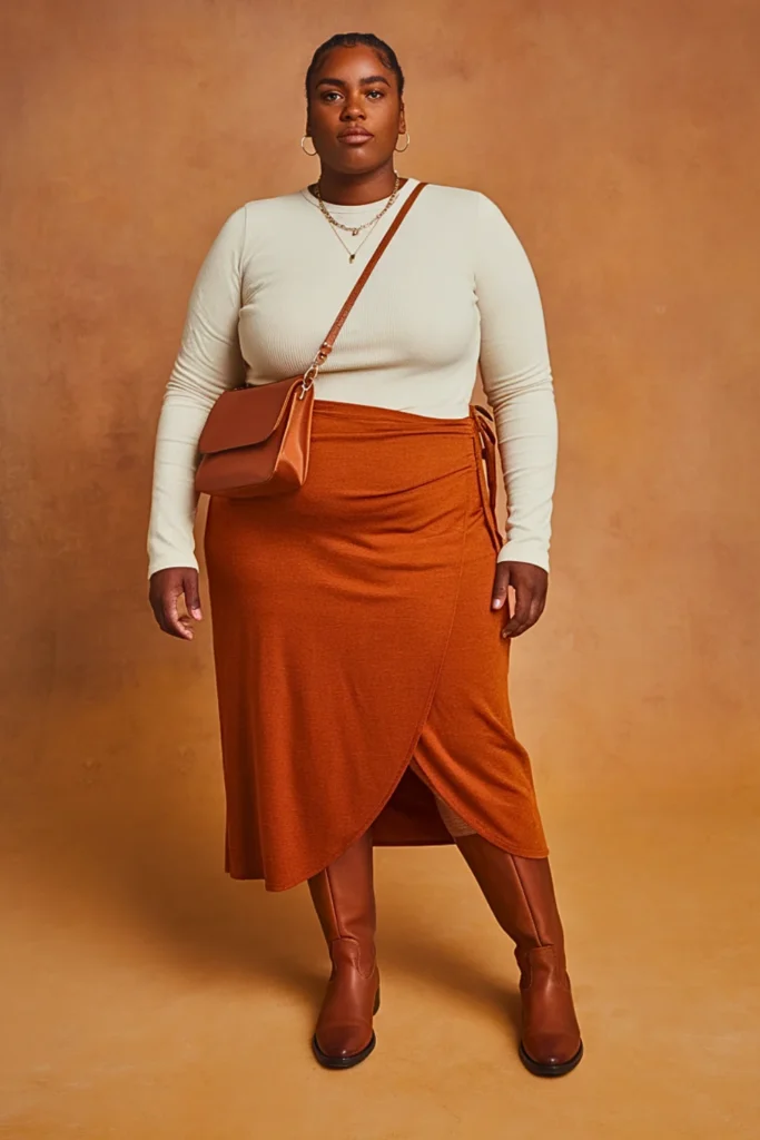 Plus Size Midi Wrap Skirt and Long-Sleeve Tee Autumn Outfit
