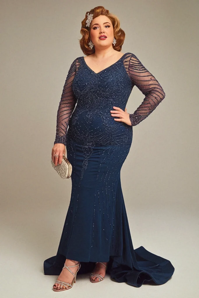 Plus Size Midnight Blue Embellished Black Tie Wedding Guest Gown