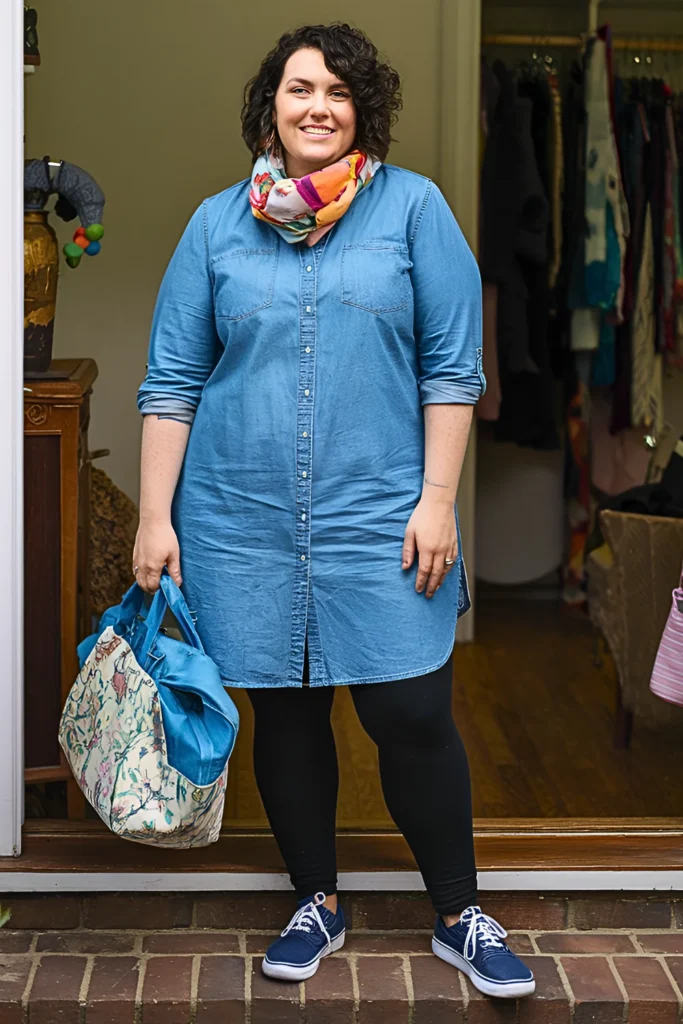 Plus Size Chambray Shirtdress and Leggings Spring Mom Outfit