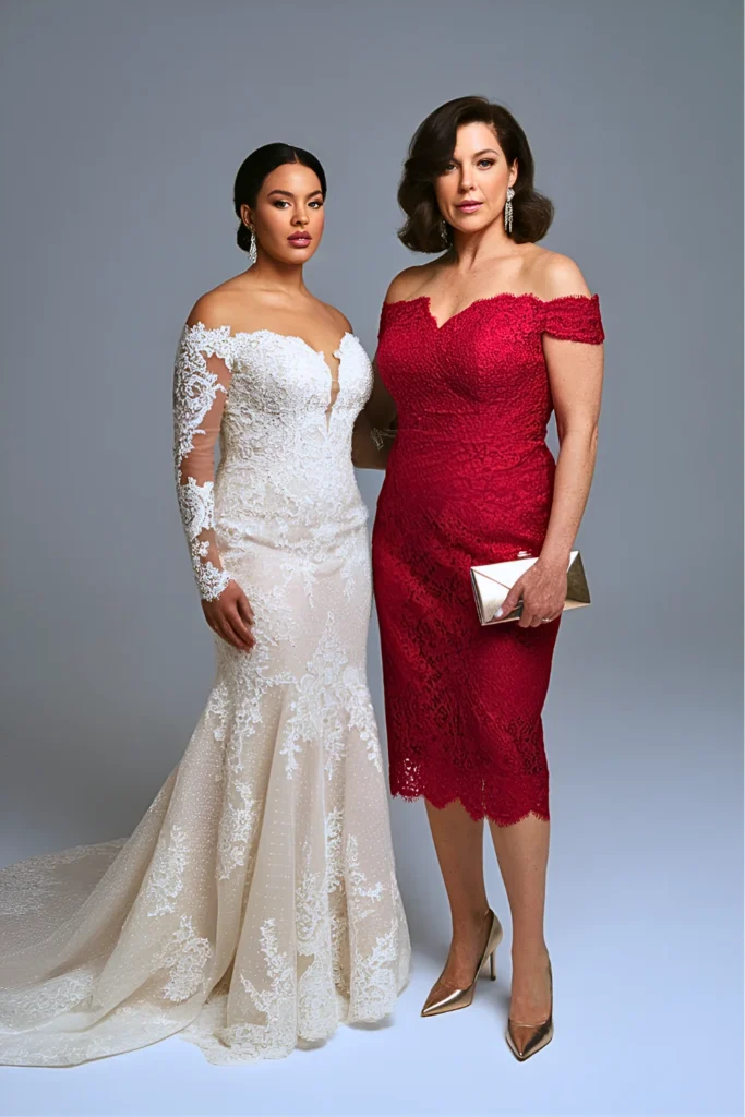 Plus Size Romantic Red Lace Off-The-Shoulder Mother of the Bride Dress