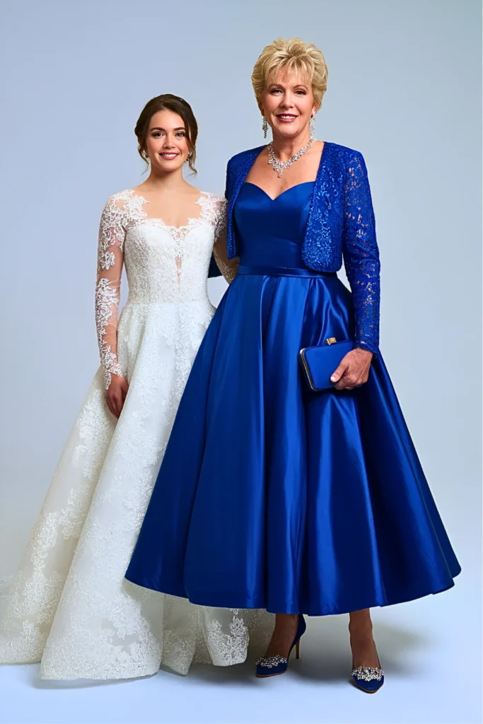 Plus Size Royal Blue Satin A-Line Mother of the Bride Dress with Bolero Jacket